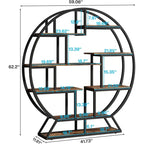 160cm Round Rustic Bookshelf – Modern Wood & Metal Freestanding Bookcase with Staggered Open Shelves
