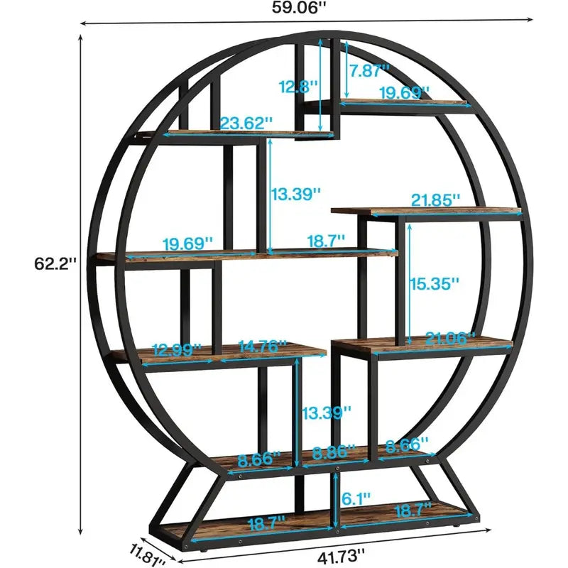 160cm Round Rustic Bookshelf – Modern Wood & Metal Freestanding Bookcase with Staggered Open Shelves