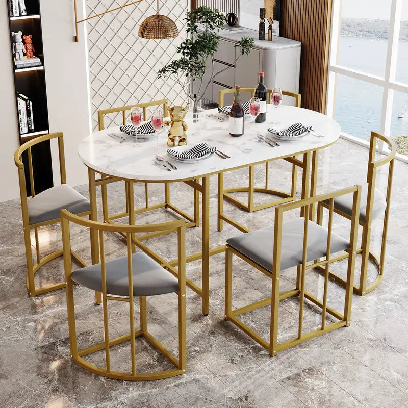 Six-Chair Dining Table Set with Gold Iron Frames