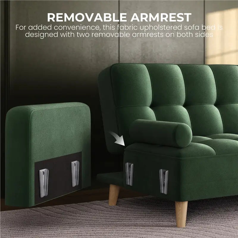 Velvet Convertible 3-Seater Sofa Bed – Futon with 2 Bolster Pillows & Adjustable Back, Grey/Blue/Green