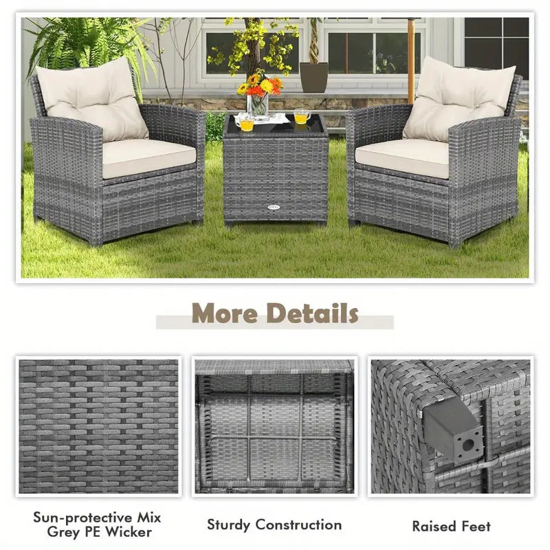3pcs Patio Furniture Set, Outdoor Patio Sofa Set W/ Soft Seat, Tempered Glass Tabletop & Back Cushions