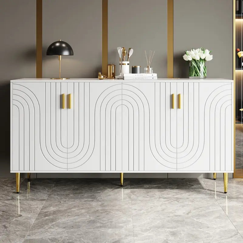 Minimalist White Dining Cabinet – Wave Design with Gold Handles & Legs, Stylish Storage Unit