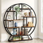 160cm Round Rustic Bookshelf – Modern Wood & Metal Freestanding Bookcase with Staggered Open Shelves