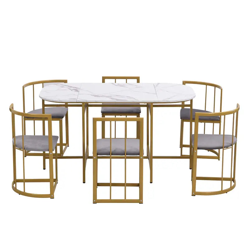Six-Chair Dining Table Set with Gold Iron Frames