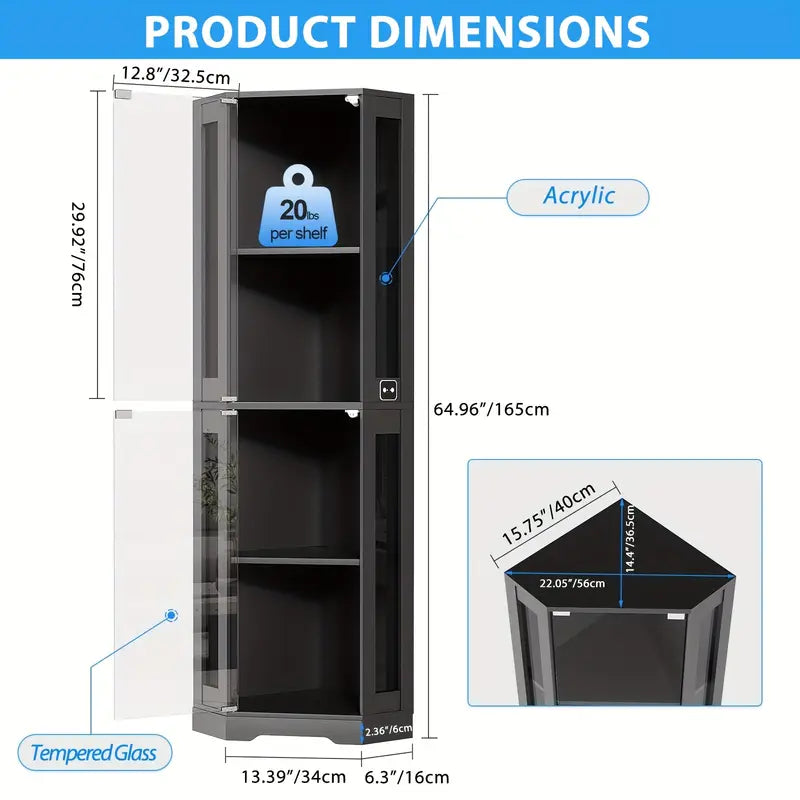 Corner Glass Display Cabinet with LED Light