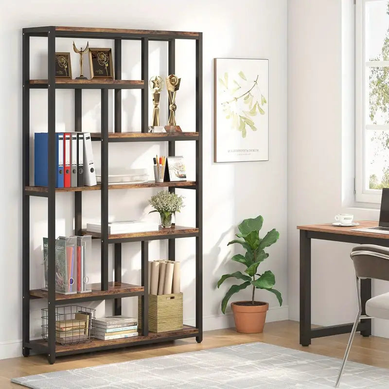 Extra Tall 7-Tier Industrial Bookshelf – 200cm Vintage Bookcase with 10 Open Shelves, Storage Display Unit