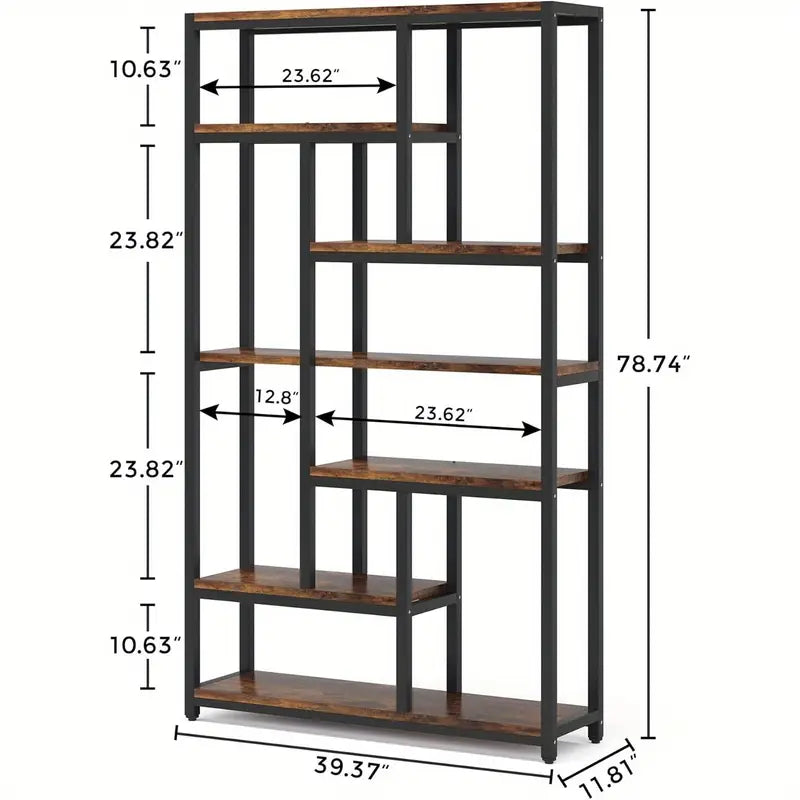 Extra Tall 7-Tier Industrial Bookshelf – 200cm Vintage Bookcase with 10 Open Shelves, Storage Display Unit