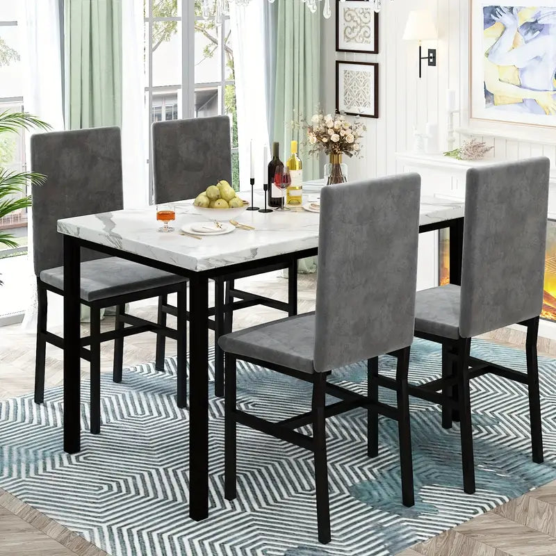 Grey Velvet Dining Chairs And Artificial Faux Marble Dining Table