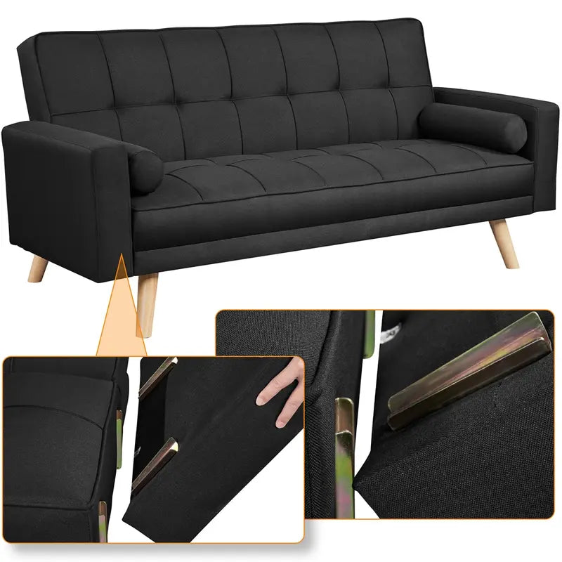 Convertible 3-Seater Fabric Sofa Bed with Armrests & Bolster Pillows – Adjustable Back, Multiple Colours