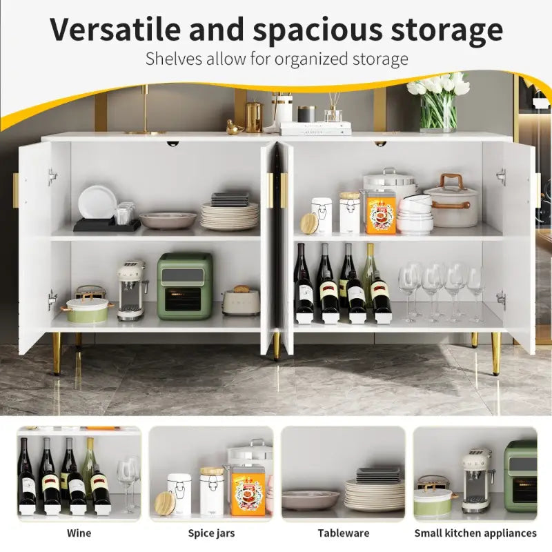 Minimalist White Dining Cabinet – Wave Design with Gold Handles & Legs, Stylish Storage Unit