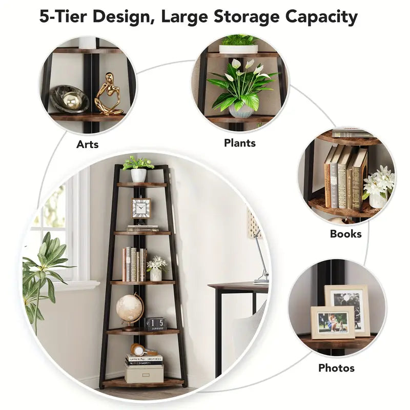 5-Tier Rustic Industrial Corner Bookshelf – Freestanding Ladder Shelf with Wood & Metal Frame, 178cm Tall