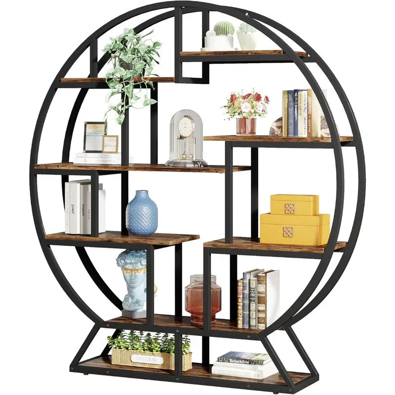 160cm Round Rustic Bookshelf – Modern Wood & Metal Freestanding Bookcase with Staggered Open Shelves