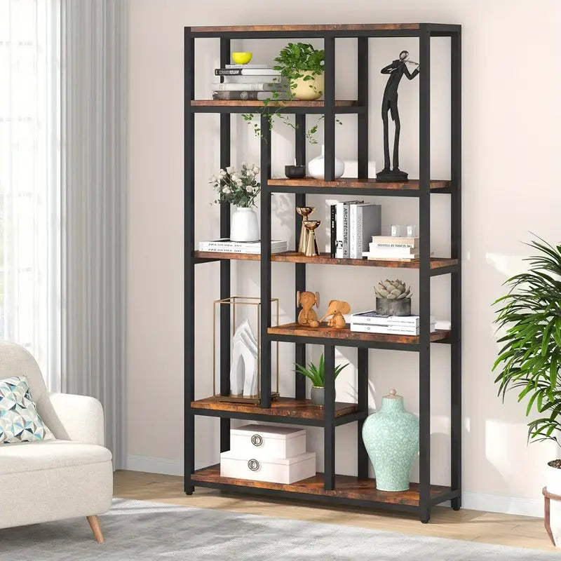 Extra Tall 7-Tier Industrial Bookshelf – 200cm Vintage Bookcase with 10 Open Shelves, Storage Display Unit