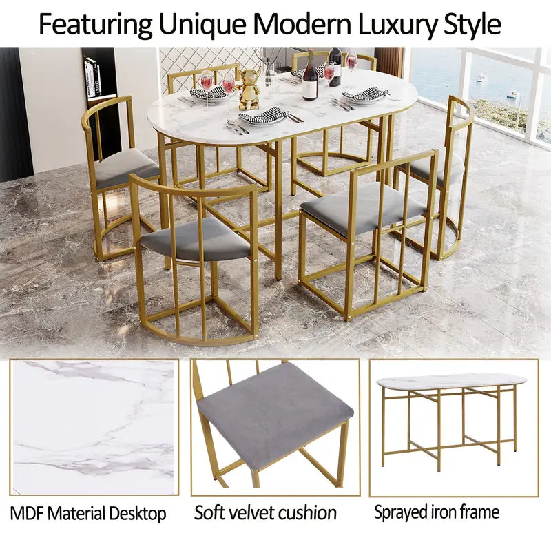 Six-Chair Dining Table Set with Gold Iron Frames