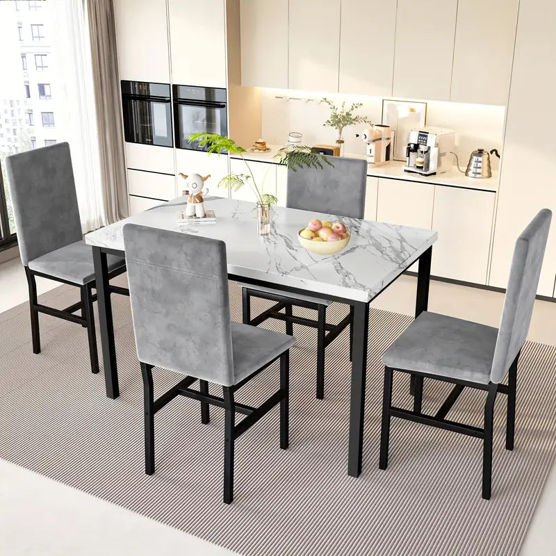 Grey Velvet Dining Chairs And Artificial Faux Marble Dining Table