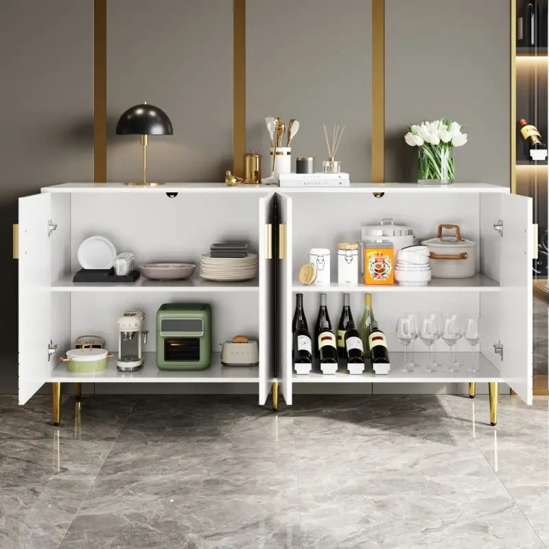 Minimalist White Dining Cabinet – Wave Design with Gold Handles & Legs, Stylish Storage Unit