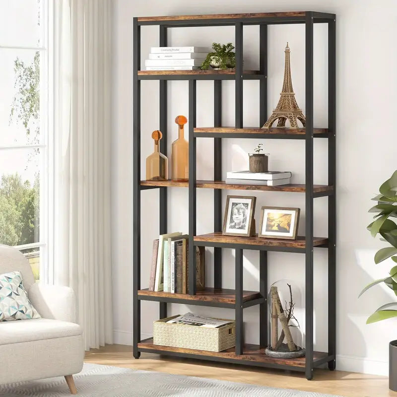 Extra Tall 7-Tier Industrial Bookshelf – 200cm Vintage Bookcase with 10 Open Shelves, Storage Display Unit
