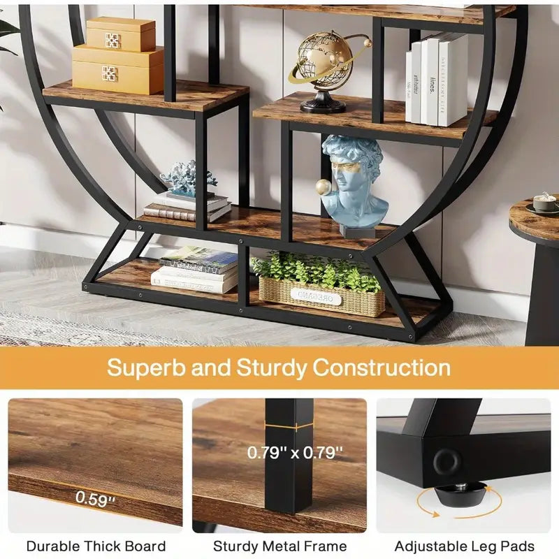 160cm Round Rustic Bookshelf – Modern Wood & Metal Freestanding Bookcase with Staggered Open Shelves