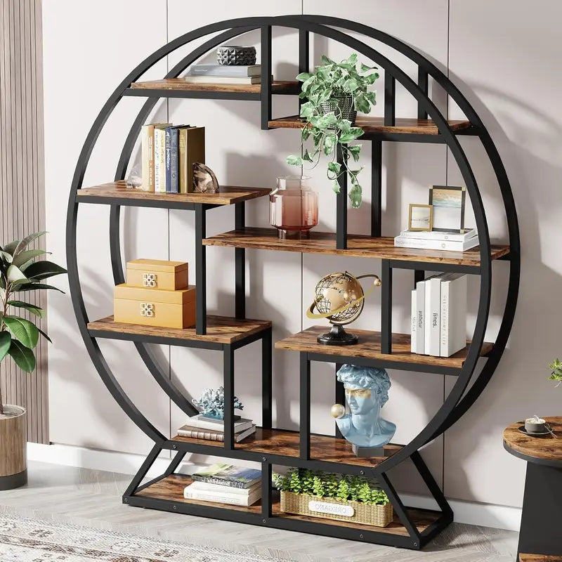 160cm Round Rustic Bookshelf – Modern Wood & Metal Freestanding Bookcase with Staggered Open Shelves