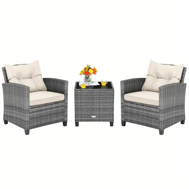 3pcs Patio Furniture Set, Outdoor Patio Sofa Set W/ Soft Seat, Tempered Glass Tabletop & Back Cushions
