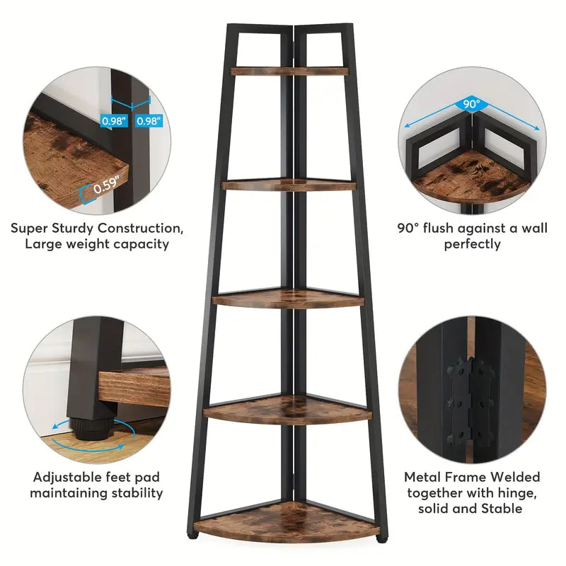 5-Tier Rustic Industrial Corner Bookshelf – Freestanding Ladder Shelf with Wood & Metal Frame, 178cm Tall