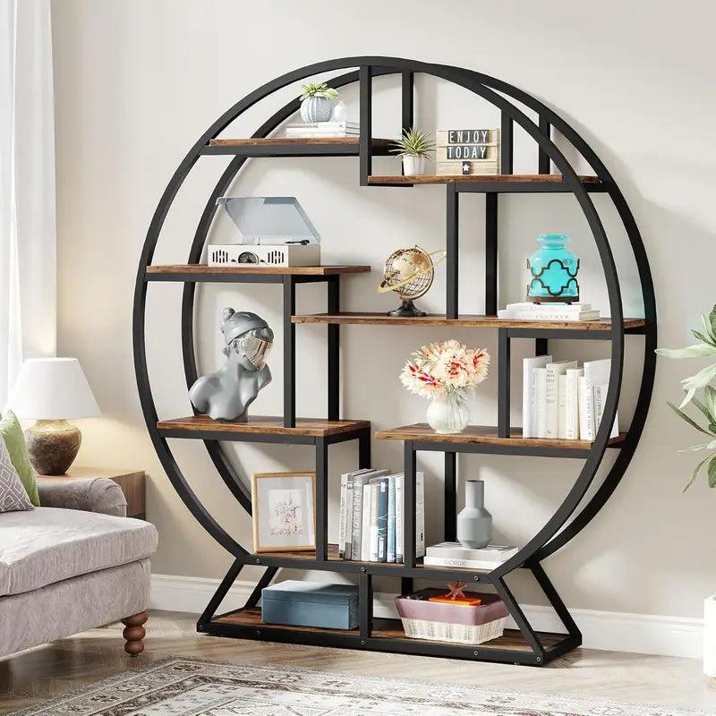 160cm Round Rustic Bookshelf – Modern Wood & Metal Freestanding Bookcase with Staggered Open Shelves