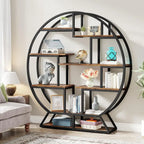 160cm Round Rustic Bookshelf – Modern Wood & Metal Freestanding Bookcase with Staggered Open Shelves