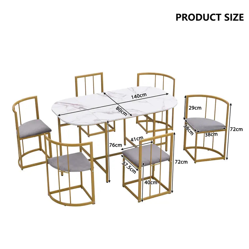 Six-Chair Dining Table Set with Gold Iron Frames