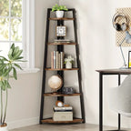 5-Tier Rustic Industrial Corner Bookshelf – Freestanding Ladder Shelf with Wood & Metal Frame, 178cm Tall