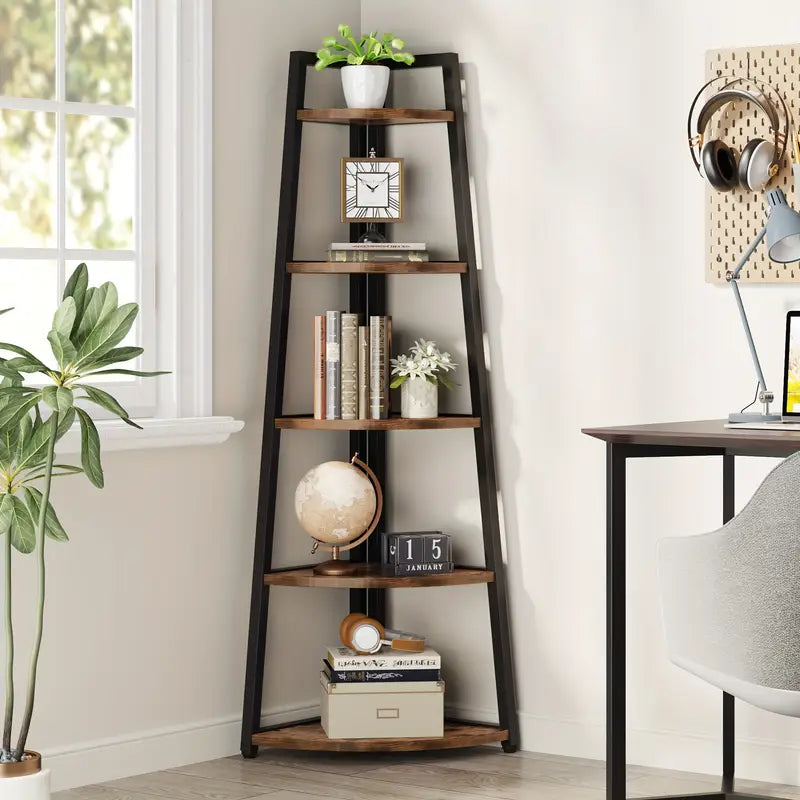5-Tier Rustic Industrial Corner Bookshelf – Freestanding Ladder Shelf with Wood & Metal Frame, 178cm Tall