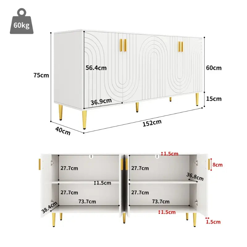 Minimalist White Dining Cabinet – Wave Design with Gold Handles & Legs, Stylish Storage Unit