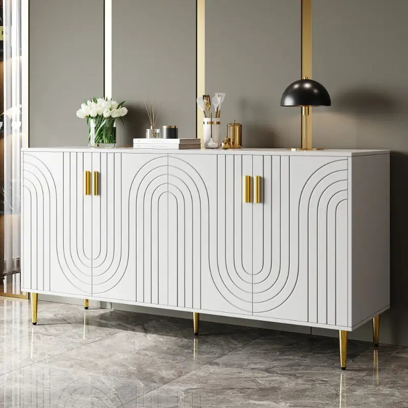 Minimalist White Dining Cabinet – Wave Design with Gold Handles & Legs, Stylish Storage Unit
