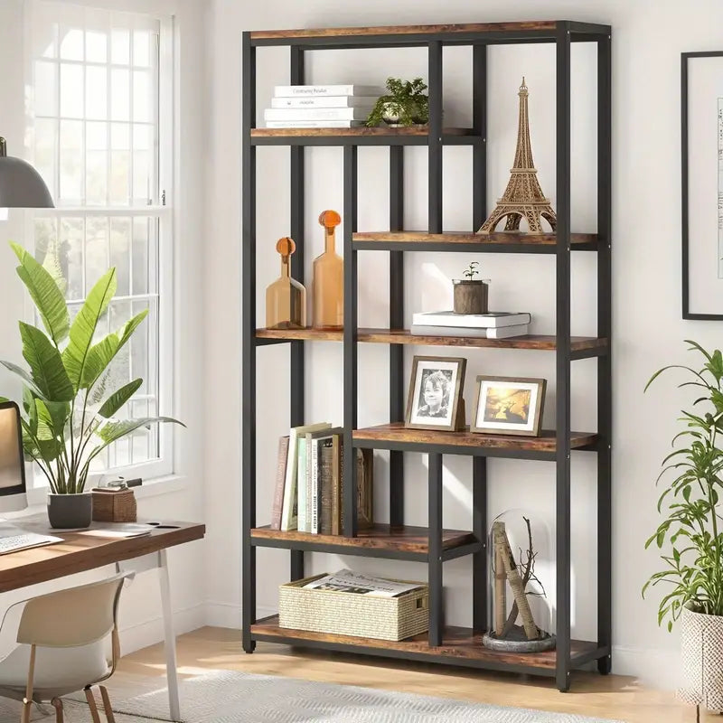Extra Tall 7-Tier Industrial Bookshelf – 200cm Vintage Bookcase with 10 Open Shelves, Storage Display Unit