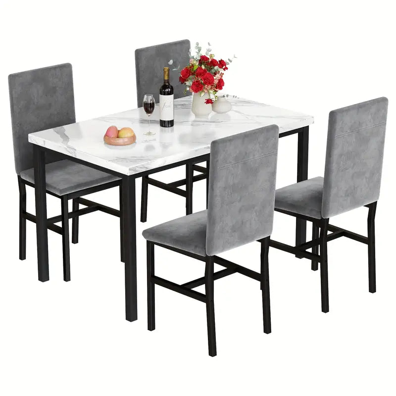 Grey Velvet Dining Chairs And Artificial Faux Marble Dining Table